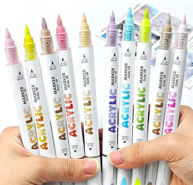 Alt view image 2 of 7 - kander 12 Colors Dual Tip Acrylic Paint Markers, Yellow Orange Color Extra Fine & Soft Brush Pen Set with Direct Ink Flow for Sketching, Detailing, Coloring on Wood, Canvas, Rock, Glass, DIY Crafts