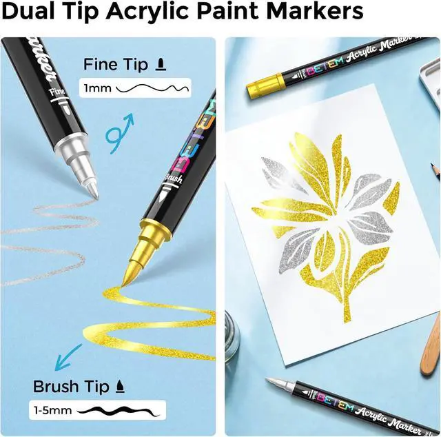 Alt view image 2 of 6 - Betem 2 Gold & Silver Paint Markers for Glass, Dual Tip Acrylic Paint Pens | Window, Fabric, Wood, Rock, Canvas, Acrylic Markers with Fine & Brush Tip, Art & Craft Supplies, Wine Glass Markers