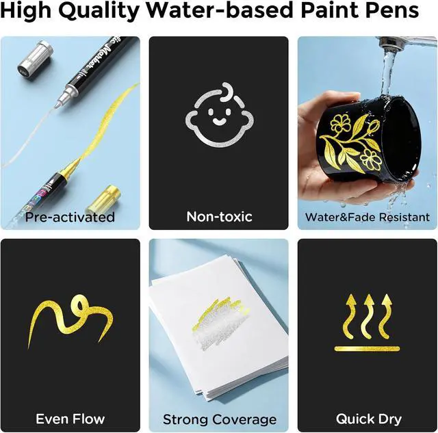 Alt view image 3 of 6 - Betem 2 Gold & Silver Paint Markers for Glass, Dual Tip Acrylic Paint Pens | Window, Fabric, Wood, Rock, Canvas, Acrylic Markers with Fine & Brush Tip, Art & Craft Supplies, Wine Glass Markers