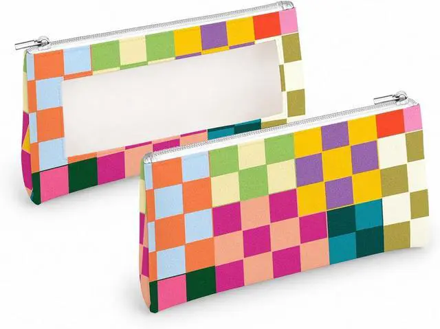 Main image of PU Pencil Case,Clear Window & Zipper for School Office Checkered | Large Capacity PU leather pencil case,Portable & Lightweight,water resistant,multifunctional pouch,Ideal for daily storage