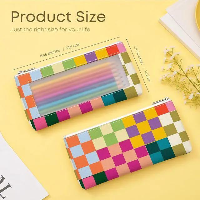 Alt view image 2 of 6 - PU Pencil Case,Clear Window & Zipper for School Office Checkered | Large Capacity PU leather pencil case,Portable & Lightweight,water resistant,multifunctional pouch,Ideal for daily storage