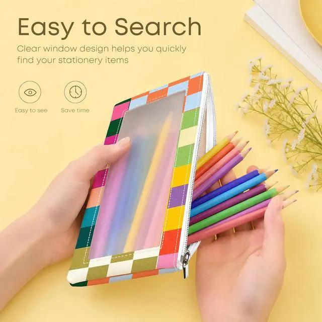 Alt view image 3 of 6 - PU Pencil Case,Clear Window & Zipper for School Office Checkered | Large Capacity PU leather pencil case,Portable & Lightweight,water resistant,multifunctional pouch,Ideal for daily storage