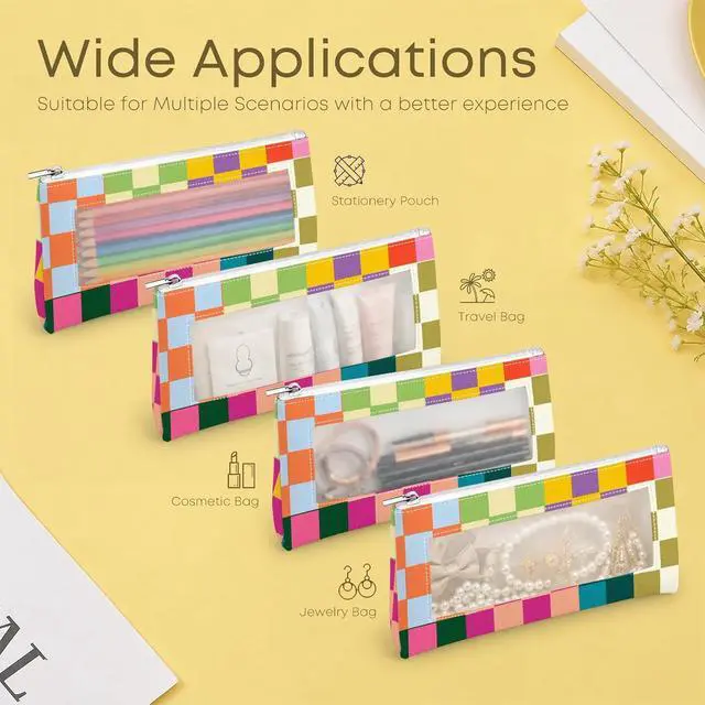 Alt view image 5 of 6 - PU Pencil Case,Clear Window & Zipper for School Office Checkered | Large Capacity PU leather pencil case,Portable & Lightweight,water resistant,multifunctional pouch,Ideal for daily storage