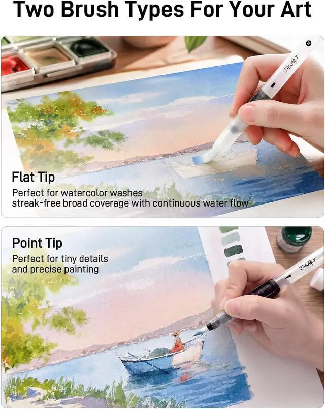 Alt view image 5 of 7 - JusArt Water Brush Pens 6-Pack Leak-Proof Refillable Watercolor Pens | Pointed & Flat Tip Styles for Acrylic Gouache Watercolor Painting - Portable Water Brush for Artists Beginners Adults