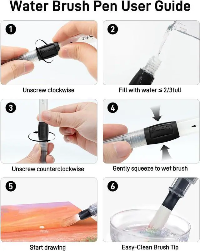 Alt view image 6 of 7 - JusArt Water Brush Pens 6-Pack Leak-Proof Refillable Watercolor Pens | Pointed & Flat Tip Styles for Acrylic Gouache Watercolor Painting - Portable Water Brush for Artists Beginners Adults
