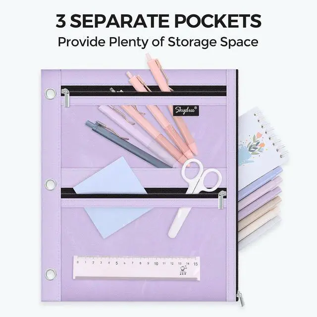 Alt view image 3 of 7 - SKYDUE Pencil Pouch for 3 Ring Binder, 3 Pockets and Clear Window,11" x 9" | 3 Compartment Zipper Pencil Case, Large Capacity Organizer for School Supplies, Students, Kids & Teachers