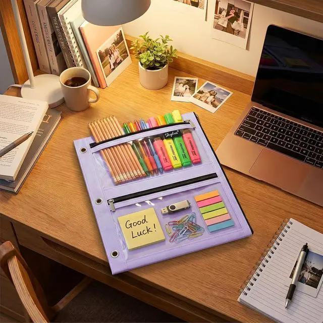 Alt view image 6 of 7 - SKYDUE Pencil Pouch for 3 Ring Binder, 3 Pockets and Clear Window,11" x 9" | 3 Compartment Zipper Pencil Case, Large Capacity Organizer for School Supplies, Students, Kids & Teachers