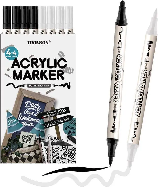 Main image of TRANSON 4 Black and 4 White Paint Markers Brush and Bold Dual-tip Acrylic Paint Marker Set for Rock Painting Glass Canvas Wood Leather Ceramic Painting