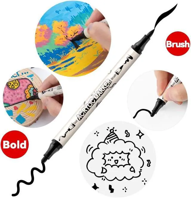 Alt view image 3 of 7 - TRANSON 4 Black and 4 White Paint Markers Brush and Bold Dual-tip Acrylic Paint Marker Set for Rock Painting Glass Canvas Wood Leather Ceramic Painting