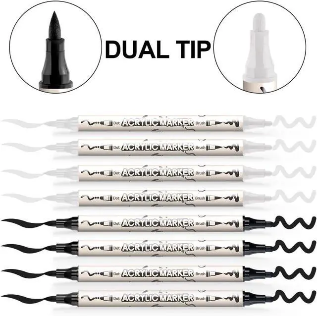 Alt view image 4 of 7 - TRANSON 4 Black and 4 White Paint Markers Brush and Bold Dual-tip Acrylic Paint Marker Set for Rock Painting Glass Canvas Wood Leather Ceramic Painting