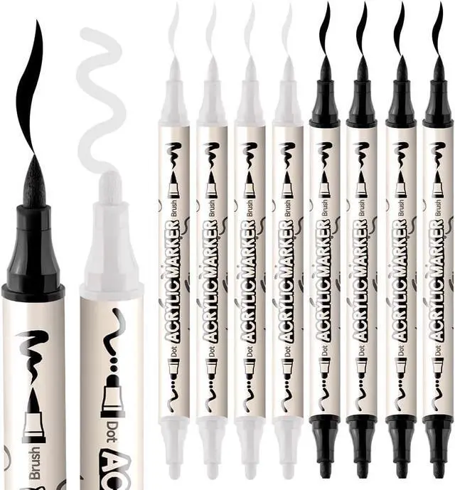 Alt view image 6 of 7 - TRANSON 4 Black and 4 White Paint Markers Brush and Bold Dual-tip Acrylic Paint Marker Set for Rock Painting Glass Canvas Wood Leather Ceramic Painting