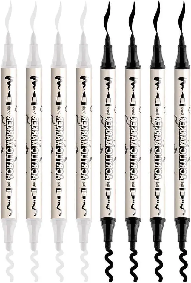 Alt view image 7 of 7 - TRANSON 4 Black and 4 White Paint Markers Brush and Bold Dual-tip Acrylic Paint Marker Set for Rock Painting Glass Canvas Wood Leather Ceramic Painting