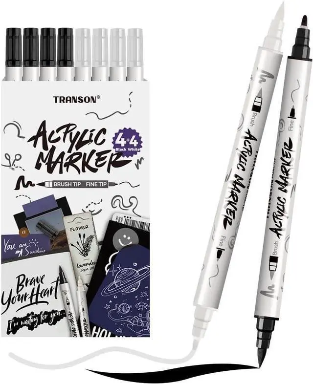 Main image of TRANSON 4 Black and 4 White Paint Markers Brush and Fine Dual-tip Acrylic Paint Marker Set for Rock Painting Glass Canvas Wood Leather Ceramic Painting