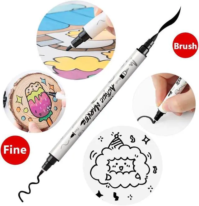 Alt view image 3 of 7 - TRANSON 4 Black and 4 White Paint Markers Brush and Fine Dual-tip Acrylic Paint Marker Set for Rock Painting Glass Canvas Wood Leather Ceramic Painting