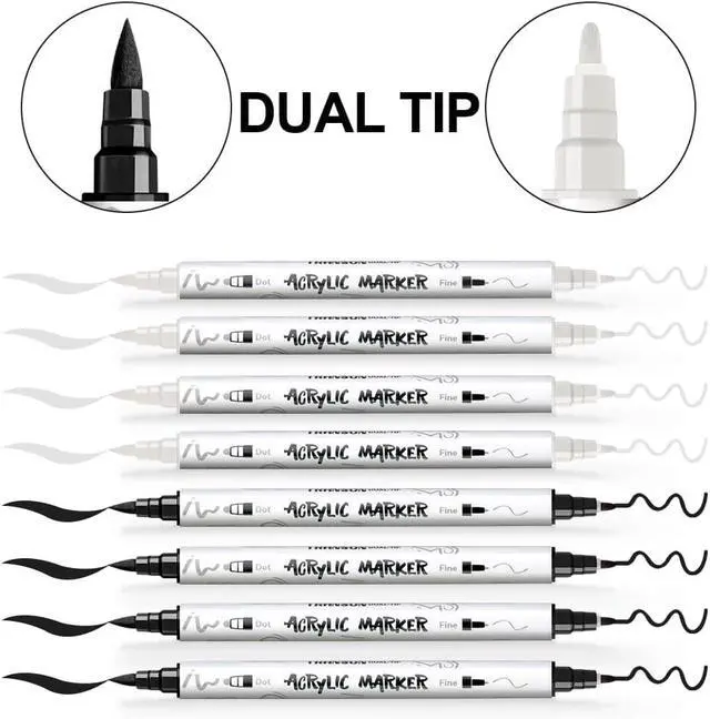 Alt view image 4 of 7 - TRANSON 4 Black and 4 White Paint Markers Brush and Fine Dual-tip Acrylic Paint Marker Set for Rock Painting Glass Canvas Wood Leather Ceramic Painting