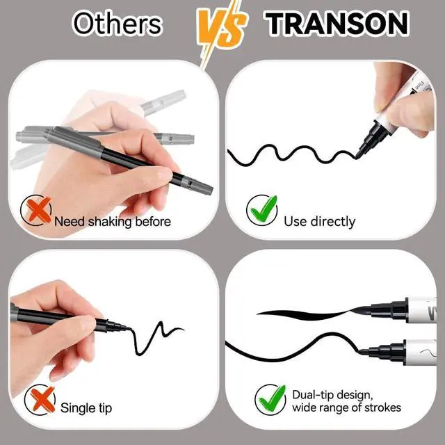 Alt view image 5 of 7 - TRANSON 4 Black and 4 White Paint Markers Brush and Fine Dual-tip Acrylic Paint Marker Set for Rock Painting Glass Canvas Wood Leather Ceramic Painting