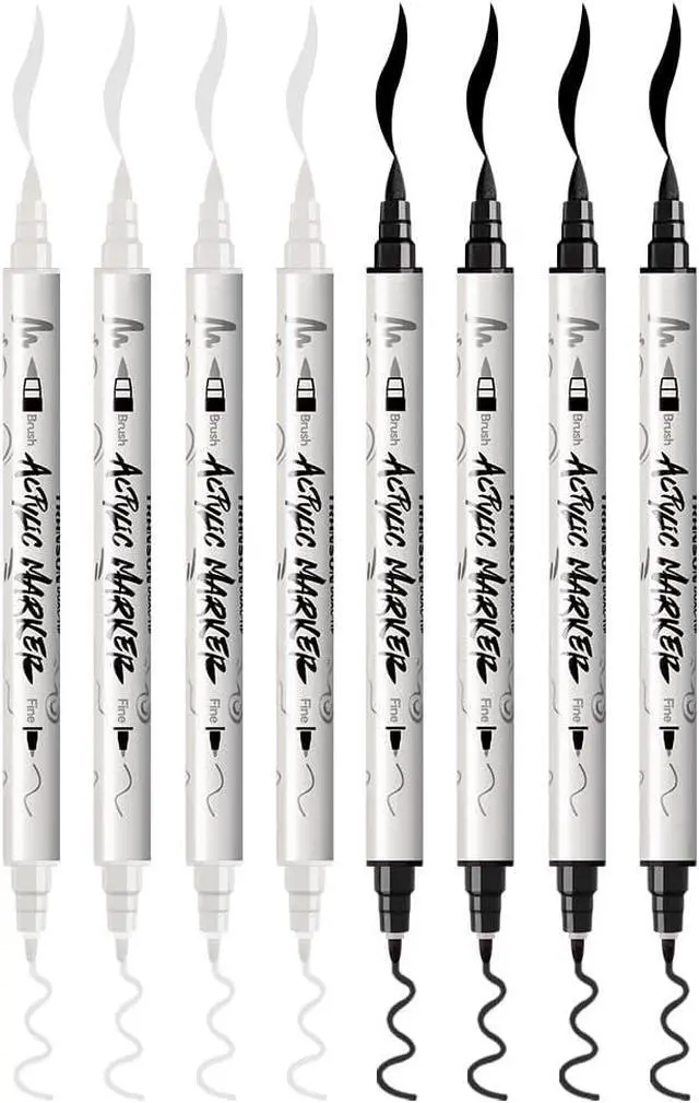 Alt view image 7 of 7 - TRANSON 4 Black and 4 White Paint Markers Brush and Fine Dual-tip Acrylic Paint Marker Set for Rock Painting Glass Canvas Wood Leather Ceramic Painting