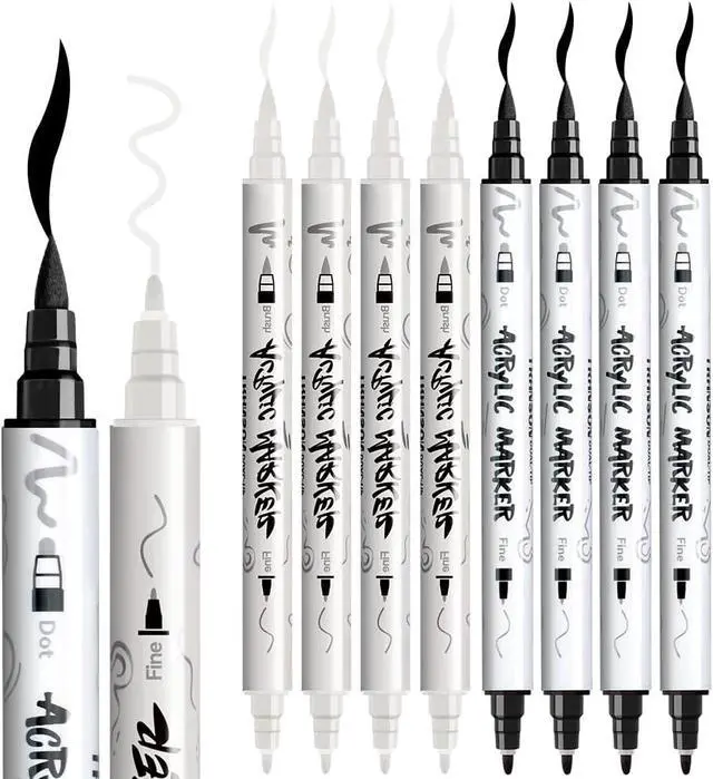Alt view image 6 of 7 - TRANSON 4 Black and 4 White Paint Markers Brush and Fine Dual-tip Acrylic Paint Marker Set for Rock Painting Glass Canvas Wood Leather Ceramic Painting