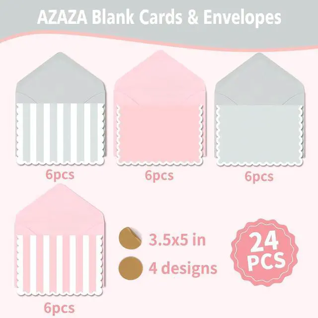 Alt view image 4 of 7 - AZAZA Blank Cards and Envelopes 24 Pack,3.5x5 Mini Striped Greeting Cards,Blank Note Cards for Baby Shower,Wedding Thank You Cards,Bridal Shower,Small Quick Notes (Pink and Gray)