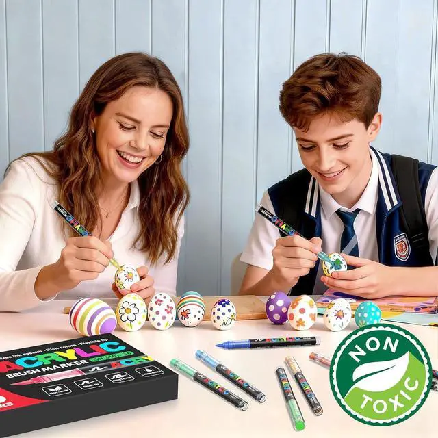 Alt view image 4 of 7 - JRQ 12 Colors Acrylic Paint Markers Set, Brush Tip Pens with Waterproof Long-Lasting Ink for Rock, Canvas, Fabric, Wood, Paper, Glass, Stone, Coloring Book & DIY Crafts, Back to School Gift Set