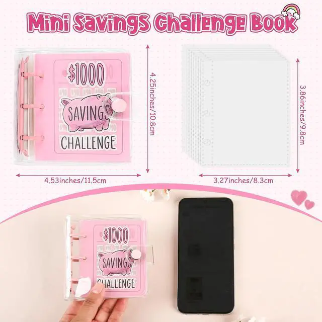 Alt view image 2 of 7 - Mini Money Saving Binder with 25 Envelopes, $1000 Savings Challenge Book | Portable for Budgeting Cash Planner,School Class Prize Gift (Pink, $1000)