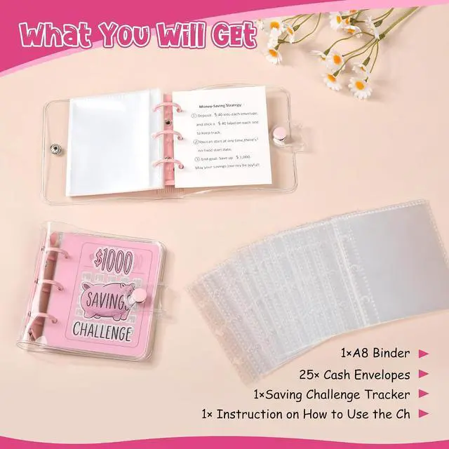 Alt view image 3 of 7 - Mini Money Saving Binder with 25 Envelopes, $1000 Savings Challenge Book | Portable for Budgeting Cash Planner,School Class Prize Gift (Pink, $1000)