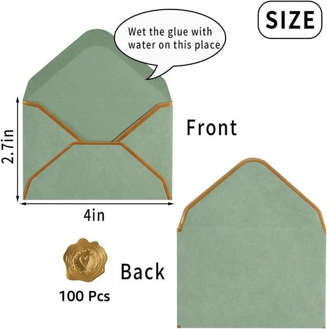 Alt view image 2 of 7 - 100 Pieces Mini Gift Card Envelopes with Stickers, Sage Green, 4x2.7 Inches | Self-Adhesive, Small Envelopes, Gold Border, For Blank Note Cards, For Business Gift Cards