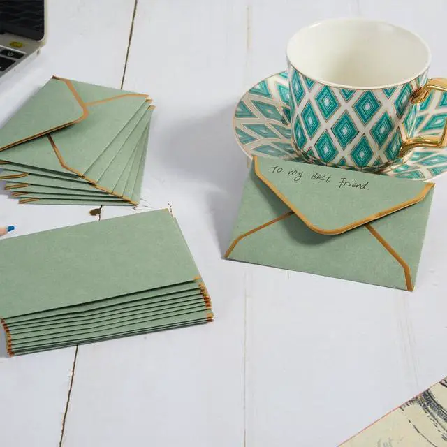 Alt view image 4 of 7 - 100 Pieces Mini Gift Card Envelopes with Stickers, Sage Green, 4x2.7 Inches | Self-Adhesive, Small Envelopes, Gold Border, For Blank Note Cards, For Business Gift Cards