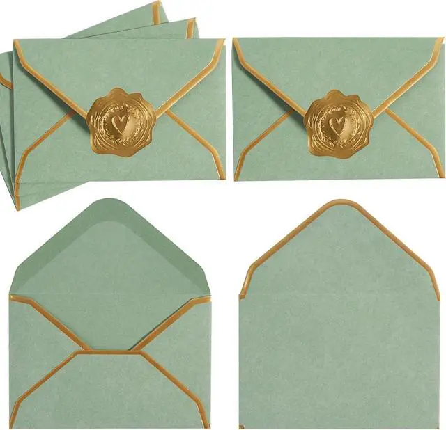Main image of 100 Pieces Mini Gift Card Envelopes with Stickers, Sage Green, 4x2.7 Inches | Self-Adhesive, Small Envelopes, Gold Border, For Blank Note Cards, For Business Gift Cards