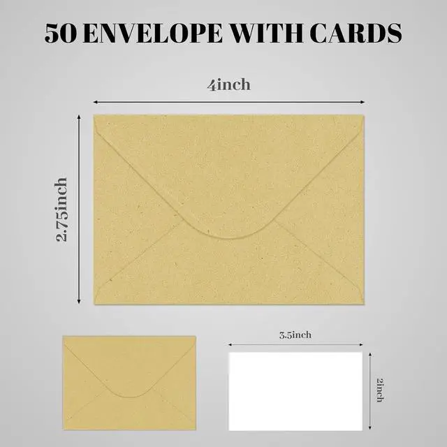 Alt view image 2 of 7 - 50 Packs Gift Card Envelopes with Blank Cards (Brown) | 4x2.75 Mini Envelopes Business card envelope Small Envelope