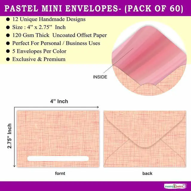Alt view image 2 of 7 - PARTH IMPEX 60 Pack Mini Gift Card & Business Card Envelopes | 4 x 2.7 in envelopes in 12 pastel colors for notes, cash, favors, invitations and DIY crafts