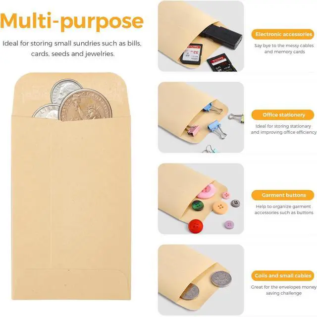 Alt view image 3 of 7 - ACSTEP #1 Kraft Seed Envelopes 2-1/4 x 3-1/2 Small Coin Envelopes 100 Pack | 2x3 Mini Envelopes Self Adhesive Water Glummed Tiny Envelopes for Seeds, Keys, Tips and Small Parts, Home and Office