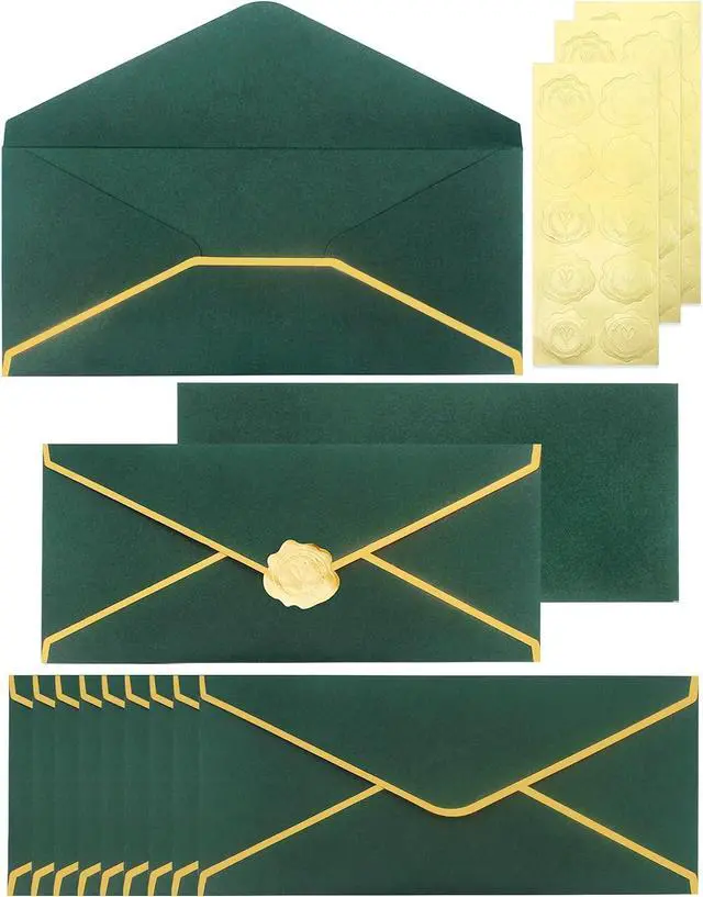 Main image of Business Envelopes with V-Flap,Gold Border 30 Pack #10 Envelopes Made of 150gsm Paper, Standard Envelopes with Gold Stickers for Office, Checks, Letter Mailing,9.45 x 4.13 Inches (Christmas Green)