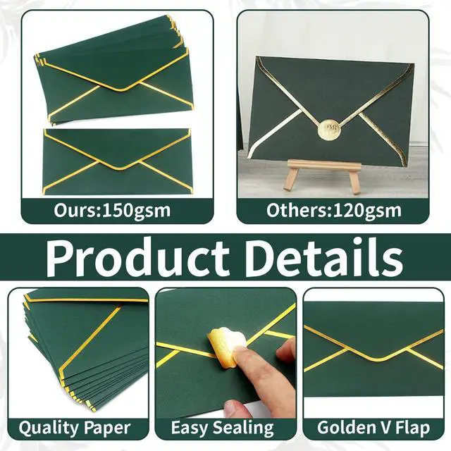 Alt view image 3 of 7 - Business Envelopes with V-Flap,Gold Border 30 Pack #10 Envelopes Made of 150gsm Paper, Standard Envelopes with Gold Stickers for Office, Checks, Letter Mailing,9.45 x 4.13 Inches (Christmas Green)