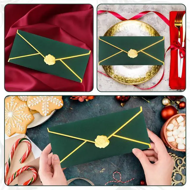 Alt view image 6 of 7 - Business Envelopes with V-Flap,Gold Border 30 Pack #10 Envelopes Made of 150gsm Paper, Standard Envelopes with Gold Stickers for Office, Checks, Letter Mailing,9.45 x 4.13 Inches (Christmas Green)