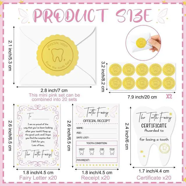 Alt view image 2 of 7 - Mini Tooth Receipt Set - 20 Set Pink Tooth Cards with Envelope and Fairy Letter for Kids, Lost Teeth Certificate Keepsake Postmark Gift Bag with Seal Stickers for Girls Boys Home School Award