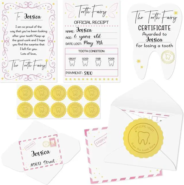 Main image of Mini Tooth Receipt Set - 20 Set Pink Tooth Cards with Envelope and Fairy Letter for Kids, Lost Teeth Certificate Keepsake Postmark Gift Bag with Seal Stickers for Girls Boys Home School Award