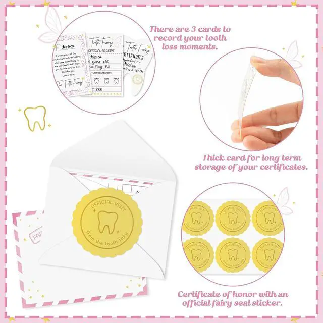 Alt view image 3 of 7 - Mini Tooth Receipt Set - 20 Set Pink Tooth Cards with Envelope and Fairy Letter for Kids, Lost Teeth Certificate Keepsake Postmark Gift Bag with Seal Stickers for Girls Boys Home School Award