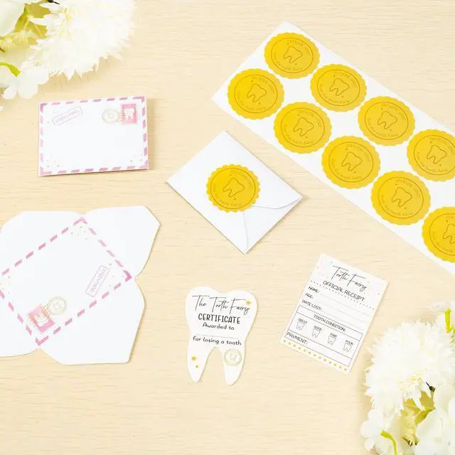 Alt view image 4 of 7 - Mini Tooth Receipt Set - 20 Set Pink Tooth Cards with Envelope and Fairy Letter for Kids, Lost Teeth Certificate Keepsake Postmark Gift Bag with Seal Stickers for Girls Boys Home School Award