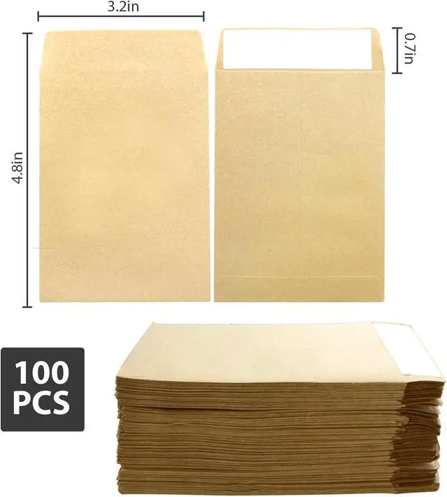 Alt view image 2 of 7 - 100 Pack Kraft Small Coin Envelopes, 3.23"4.53", Brown, Fully Sealed Seed Envelopes; Mini Envelopes for Office, Home, School