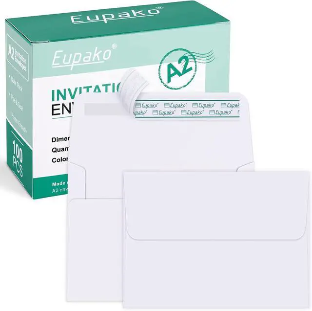 Main image of Eupako A2 White Paper Envelopes 100 Pack 4.375x5.75" Invitation Envelopes Self Seal for RSVP, Wedding, Thank you Notes, Greeting Cards, Photos, Announcements