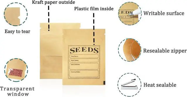 Alt view image 3 of 6 - FERENLI 100 Pack 2.7x3.7 inch Seed Envelopes Packets with Clear Window | Small Resealable Brown Kraft Paper Bags with Preprinted Collecting Template for Storage Organizing Flower Vegetable Seeds
