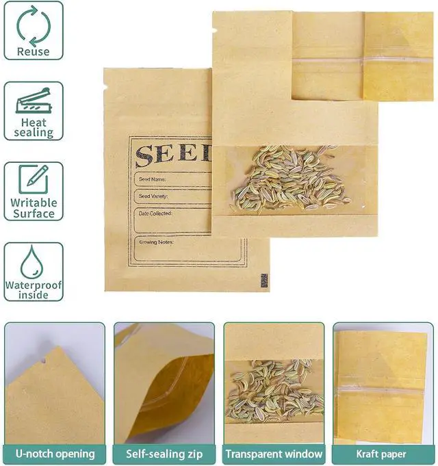 Alt view image 4 of 6 - FERENLI 100 Pack 2.7x3.7 inch Seed Envelopes Packets with Clear Window | Small Resealable Brown Kraft Paper Bags with Preprinted Collecting Template for Storage Organizing Flower Vegetable Seeds