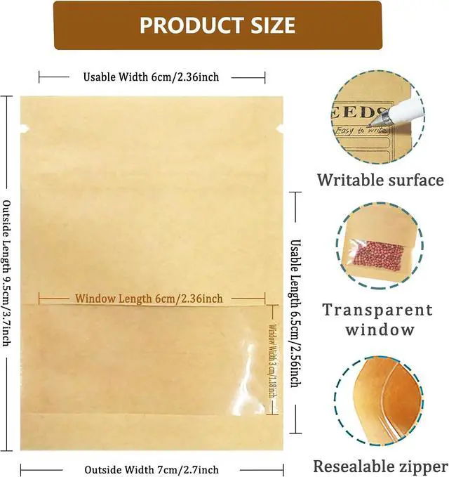 Alt view image 2 of 6 - FERENLI 100 Pack 2.7x3.7 inch Seed Envelopes Packets with Clear Window | Small Resealable Brown Kraft Paper Bags with Preprinted Collecting Template for Storage Organizing Flower Vegetable Seeds