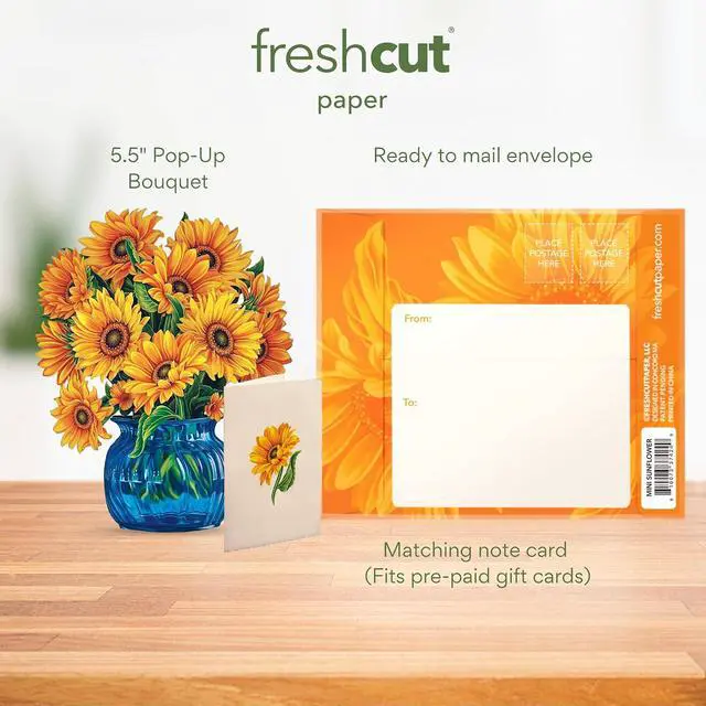 Alt view image 3 of 7 - Freshcut Paper Pop Up Cards, Mini Sunflowers, 6 Inch Mini Sized Forever Flower Bouquet 3D Popup Greeting Cards, Birthday Cards, Get Well Gifts, Blank Notecard & Envelope