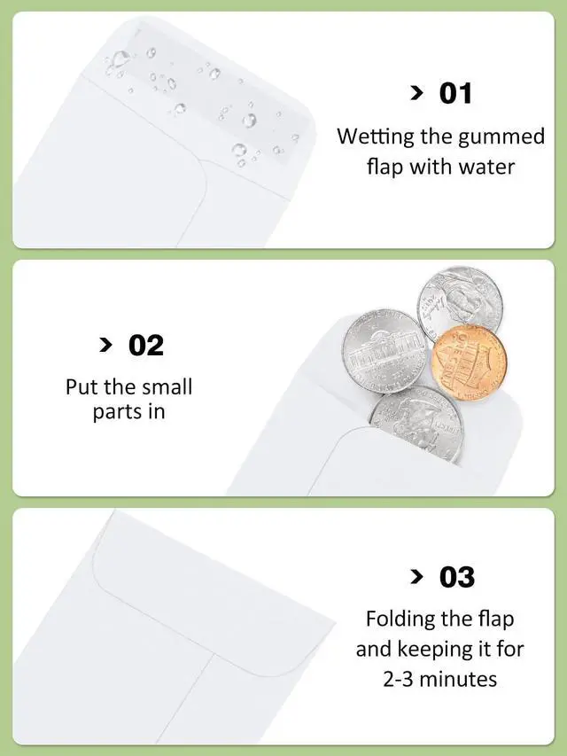 Alt view image 3 of 6 - #1 Coin Envelopes Eupako 100 PCS 2.25x 3.5" White Small Parts Envelope with Gummed Flap Kraft Seed Envelopes for Garden, Home and Office