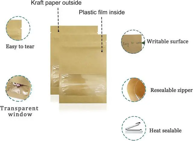 Alt view image 2 of 6 - FERENLI 100 Pack 2.8x3.5 inch Small Resealable Seed Coin Envelopes Bags | Kraft Paper Heat Seal Packets with Clear Window Brown for Flower Vegetable Seeds Storage Party Favor Pet Food Sample Bag