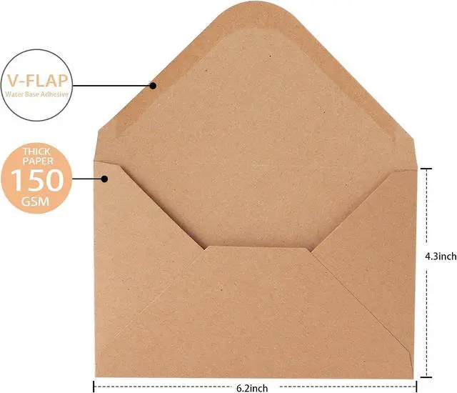 Alt view image 2 of 6 - V-flap Kraft Envelopes, 50 Pack, 4 x 6 Inch, A4 Envelopes, Card Envelopes, Brown Envelopes, Kraft Paper Envelopes for Invitations, Postcard Envelopes, Water Base Adhesive, Gummed Flap