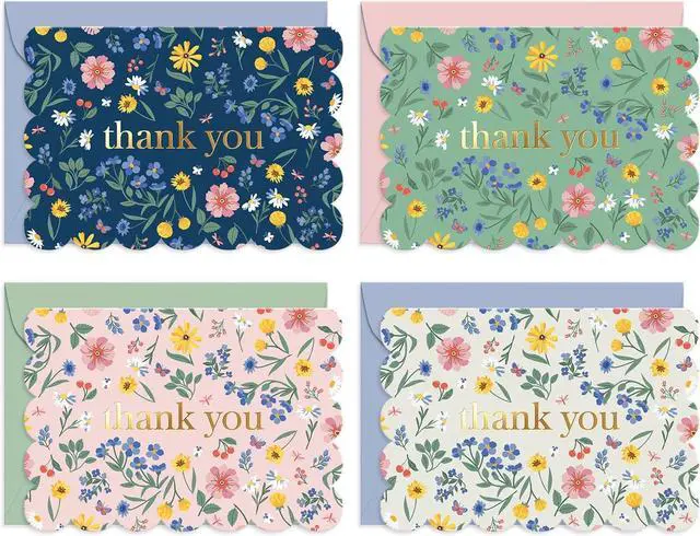 Main image of Sweetzer & Orange Blooming Fields Mini Thank You Cards Set of 36 3.5x5 Gold Foil Thank You Cards With Scalloped Edges, Envelopes & Storage Box