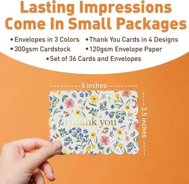 Alt view image 3 of 7 - Sweetzer & Orange Blooming Fields Mini Thank You Cards Set of 36 3.5x5 Gold Foil Thank You Cards With Scalloped Edges, Envelopes & Storage Box